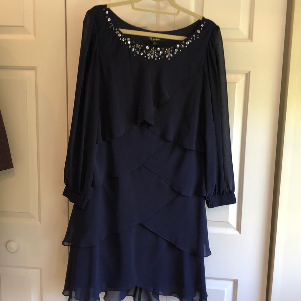 Beaded scoop neck navy dress